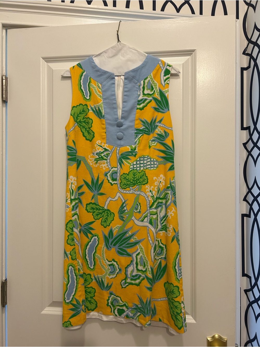 CK Bradley - Sleeveless Yellow Floral Shift Dress with Blue Trim - L